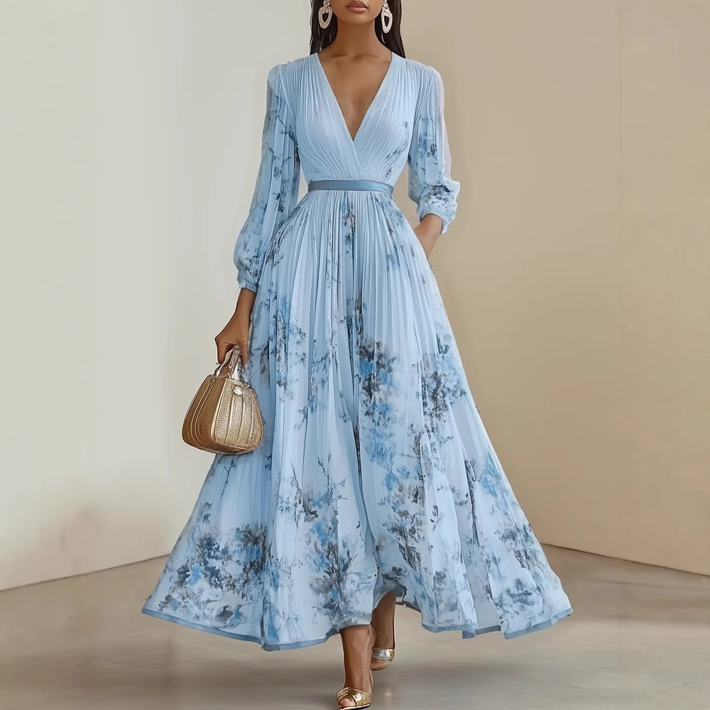 Elegant Floral Maxi Dress Women Long Sleeve Boho A-Line Pleated Dresses
